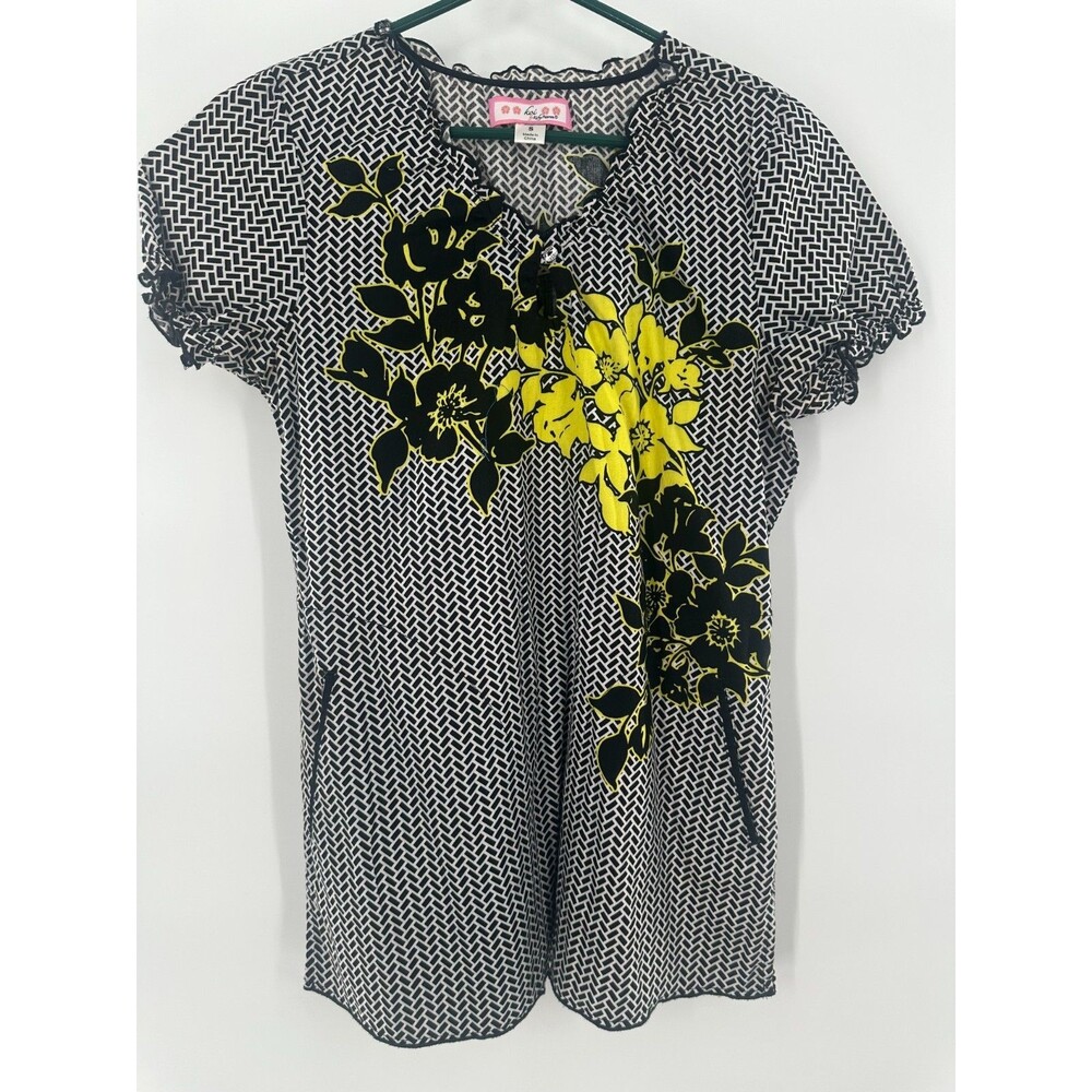 Koi Kathy Peterson Gwen Scrub Top Black White Herringbone Yellow Floral Size S